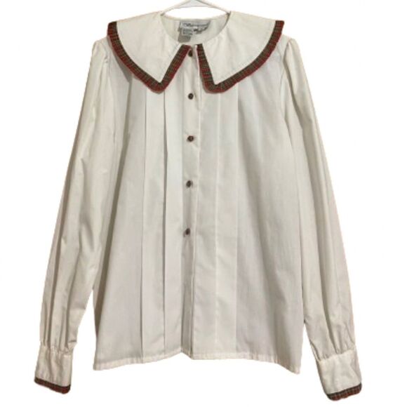 Rare & Collectible WOMEN’s WHITE BUTTON DOWN w/ RED MULTI CHECK TRIM SHIRT Sz-10 - Picture 1 of 8